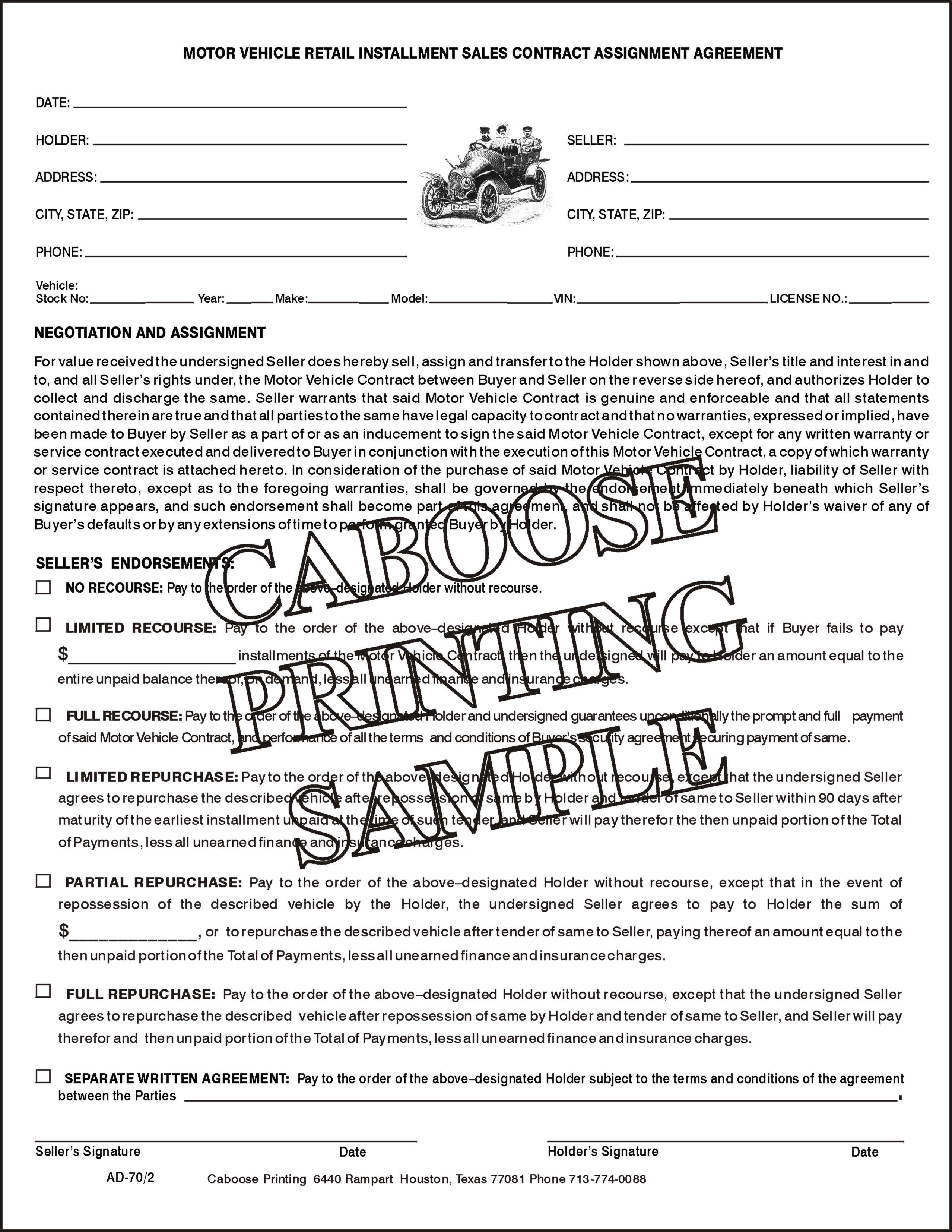 Motor Vehicle Retail Installment Sales Contract Assignment Agreement Ad70 2 Package Of 100 Caboose Printing